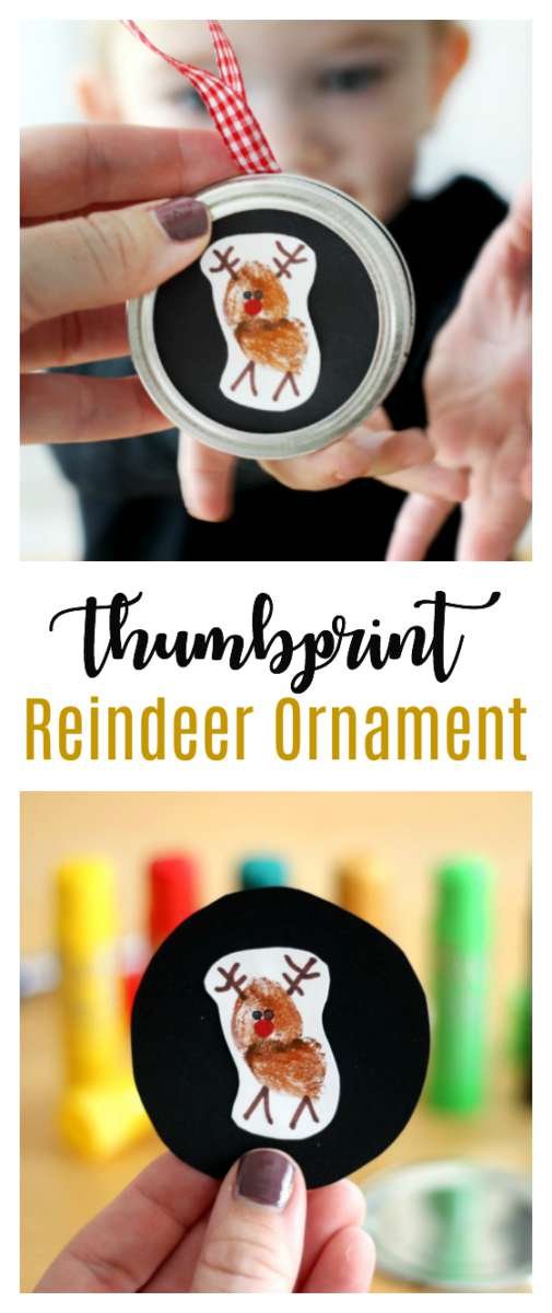 make a thumb print Reindeer ornament with mason Jar lids